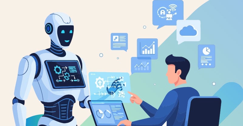 An illustration of a robot assisting a human perform tasks