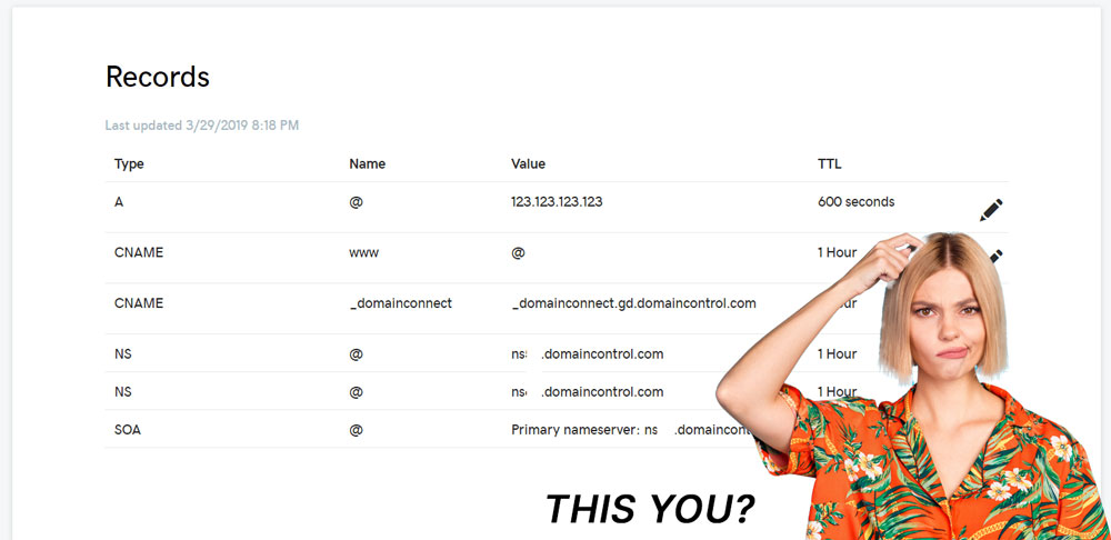 Screenshot showing Godaddy DNS and a confused woman.