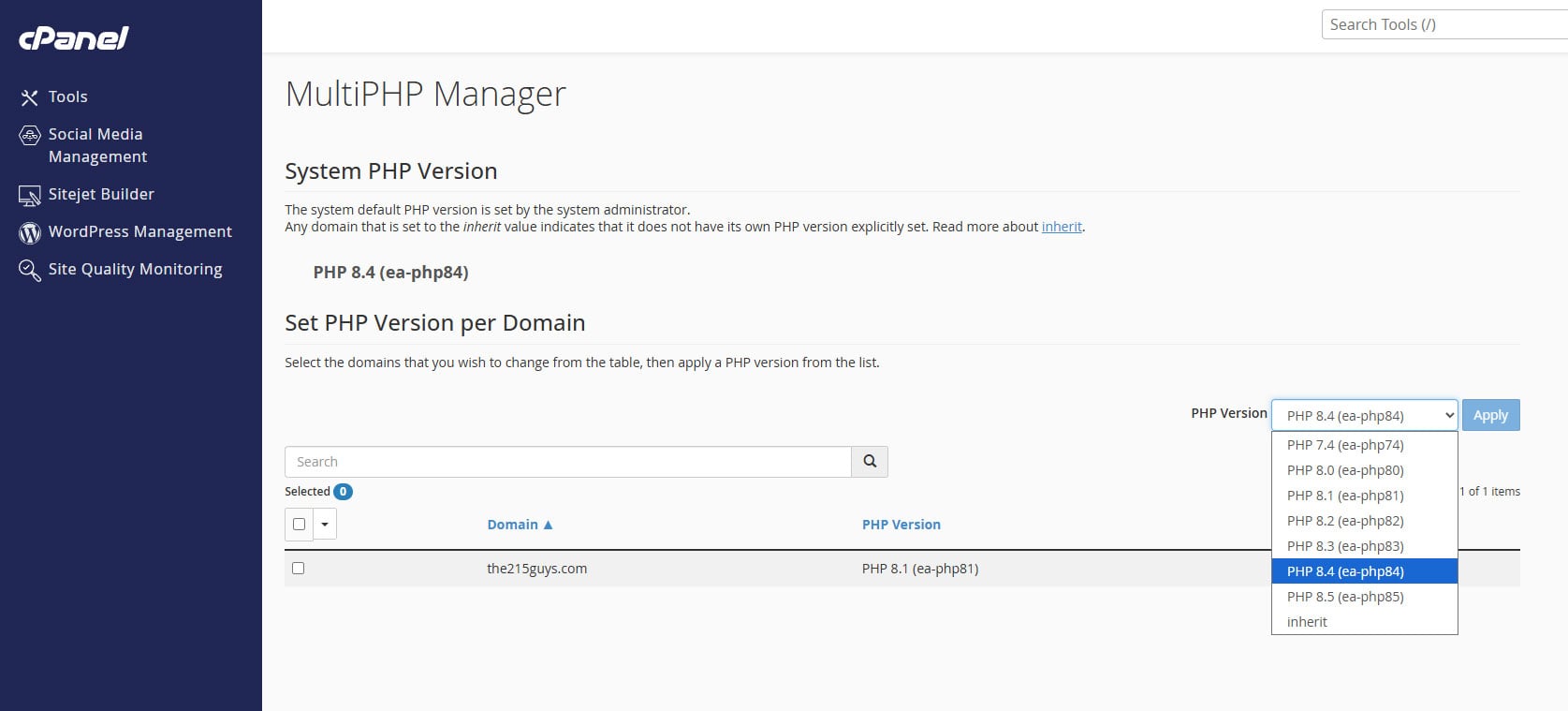 screenshot of cpanel's MultiPhp tool with different version of php available
