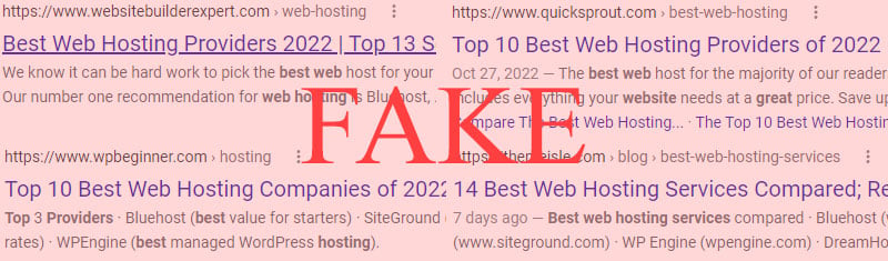 Google search results with fake web hosting company lists