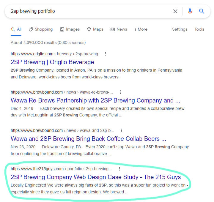 2SP brewing portfolio search results