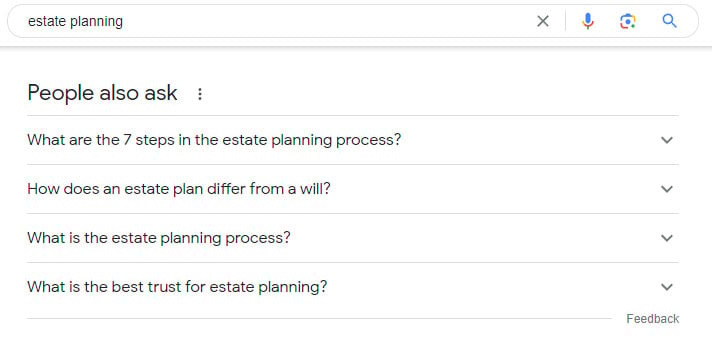 Google search for estate planning and people also ask questions