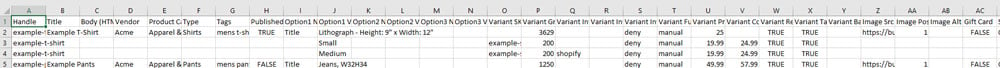 CSV sheet of sample product data