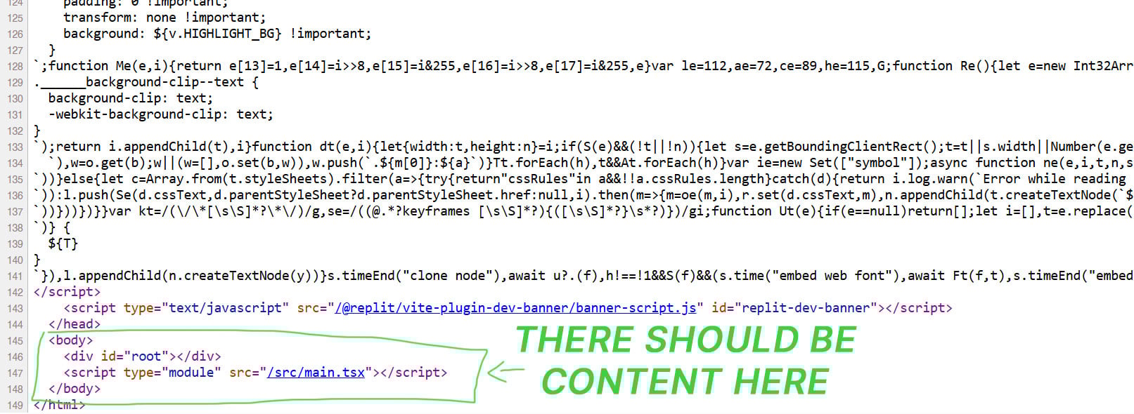 screenshot showing the source code of a react page with no content in the body tags, there should be content here.