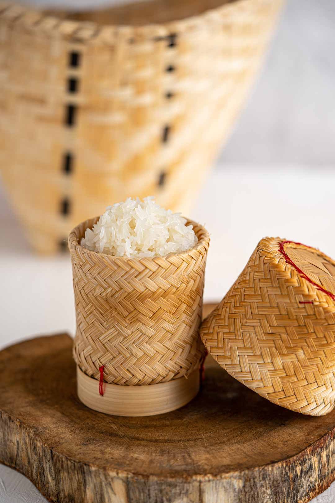 Small wicker basket of white rice