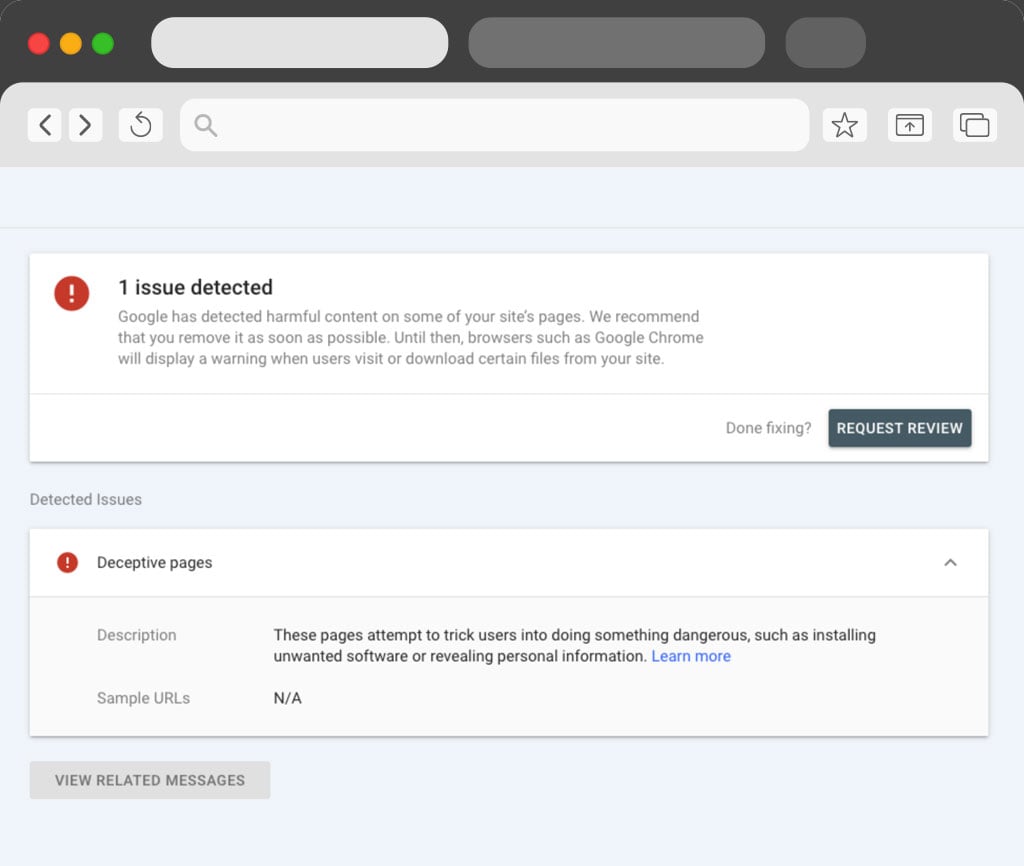 Search console deceptive pages message