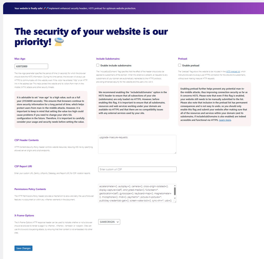 Screenshot showing the Headers Security Advanced Plugin