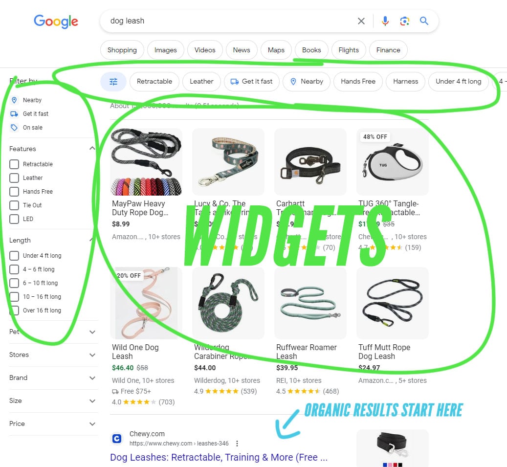 Google results showing widgets and organic results at the bottom