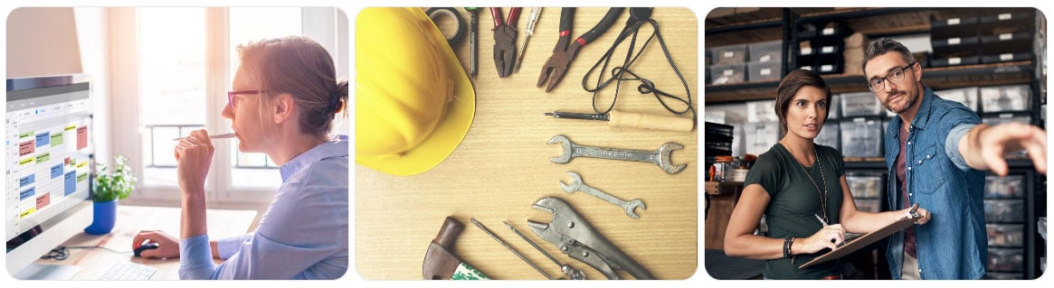 images of desk, tools, people