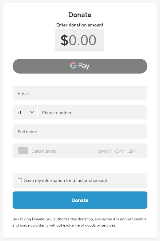 Square donation page with form