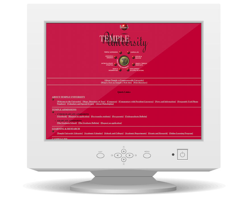 Temple's Old website on an old CRT monitor