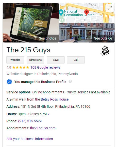 The 215 Guys Google Business Listing with business information