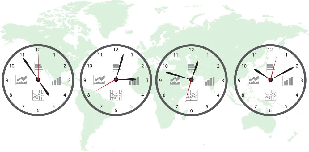 Map of world with clocks showing different times for timezones.