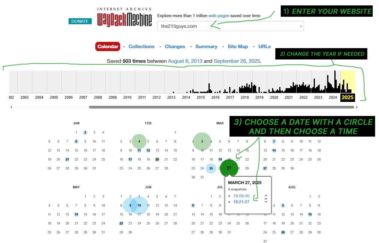 Screenshot of wayback machine with steps to enter domain and choose a date/time