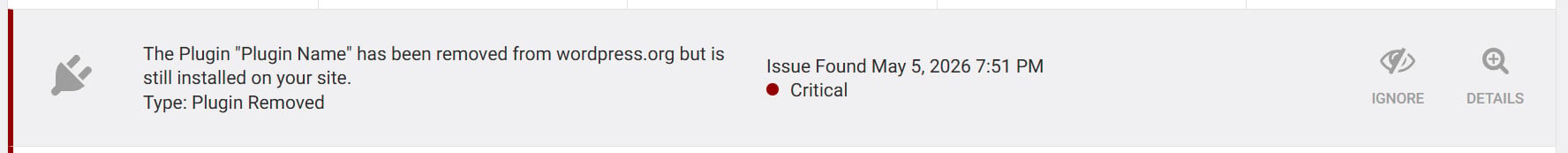 The full wordfence error message saying the plugin was removed.