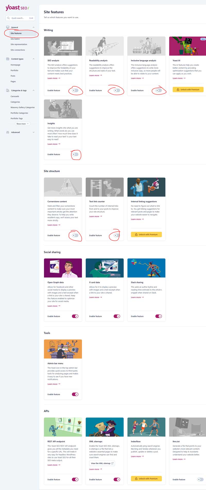 Yoast settings with most turned off