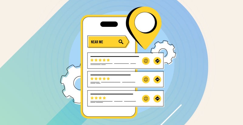 Illustrated mobile device with ranked business listings on screen