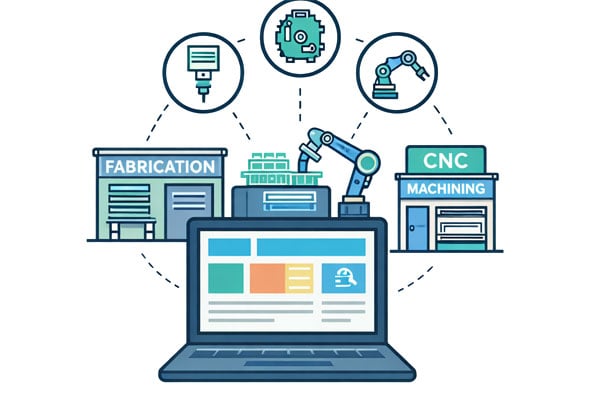 Manufacturing units with a different look — fabrication, CNC, and tools with a laptop