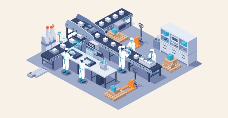 Manufacturing floor with lines and people working