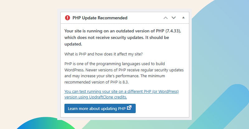 Screenshot of the PHP update recommended notice in Wordpress