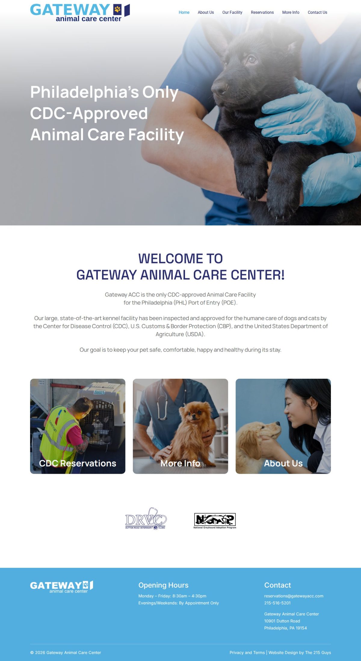 The Gateway Animal Care Center homepage, headed Philadelphia's Only CDC-Approved Animal Care Facility over a vet holding a puppy, above CDC Reservations, More Info and About Us cards