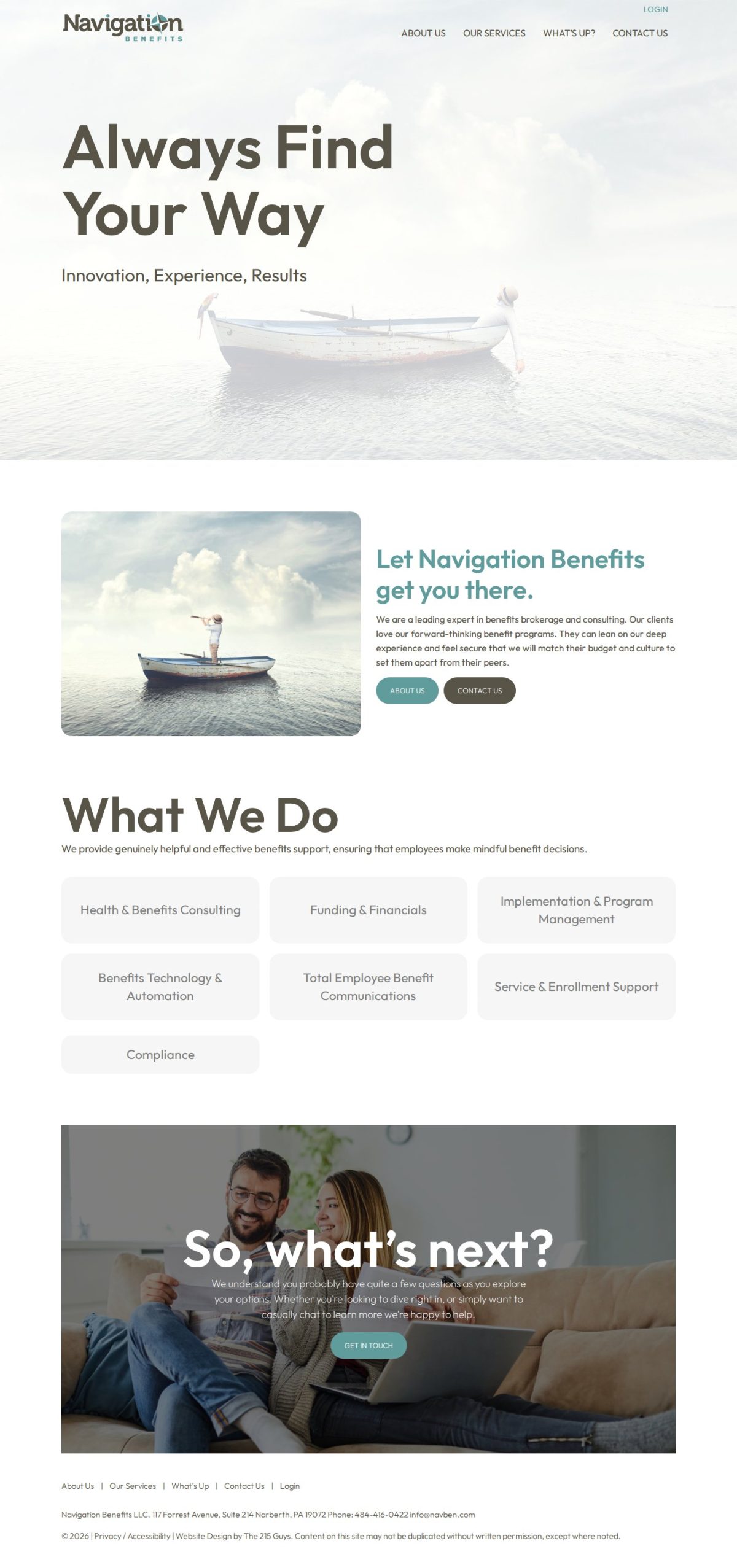 The Navigation Benefits homepage, headed Always Find Your Way over a rowing boat on calm water, above a What We Do grid of seven services