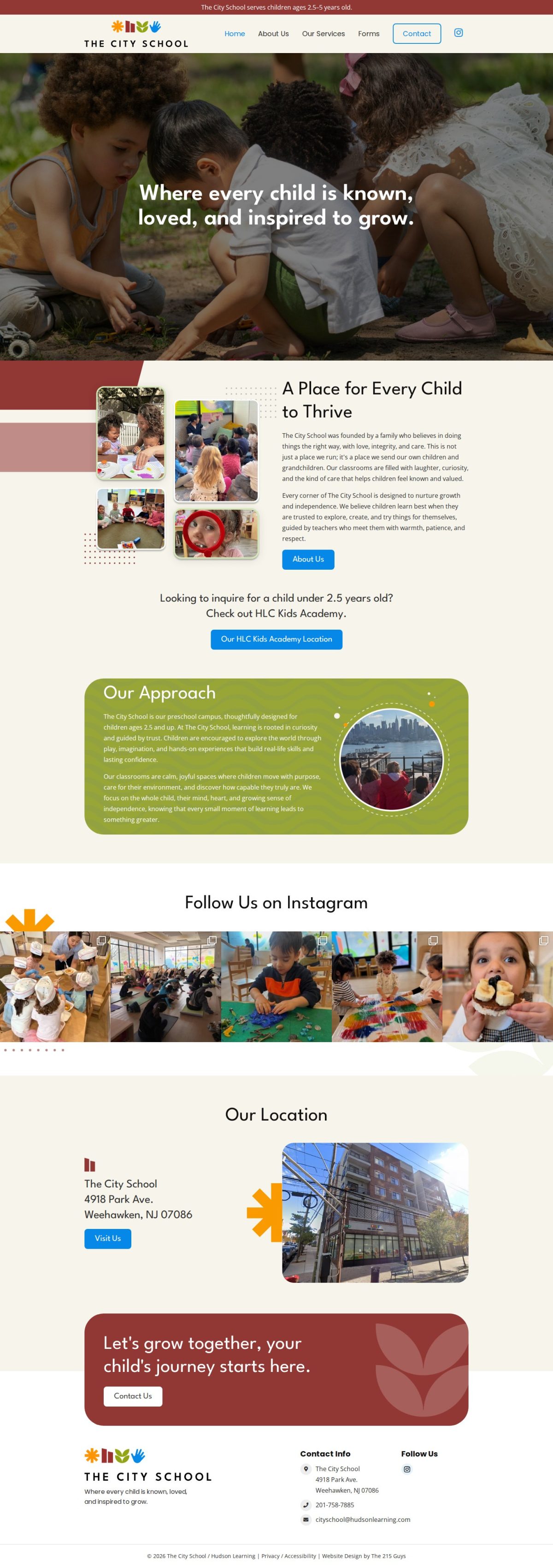 The City School homepage, with children playing outdoors under the line Where every child is known, loved, and inspired to grow