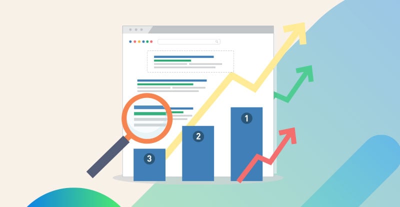 Abstract version of the Google search results page with 1,2,3 rankings and arrows going up