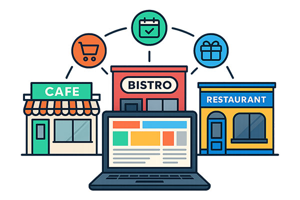 Multiple restaurant storefronts with a different look — a cafe, diner, and upscale bistro