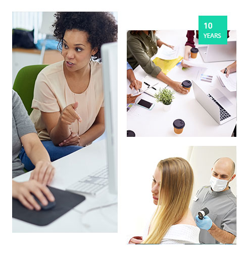 3 different images of people making websites and 1 of a dermatologist appointment. Also 10 years text.