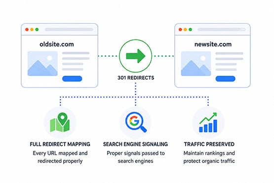 Domain migration illustration showing an old website moving to a new domain with redirects and search signals to preserve traffic