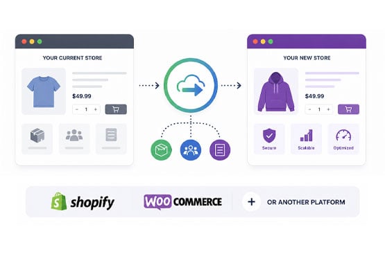 eCommerce migration illustration showing a store moving to a new platform with product catalog, customer data, and order history transferred