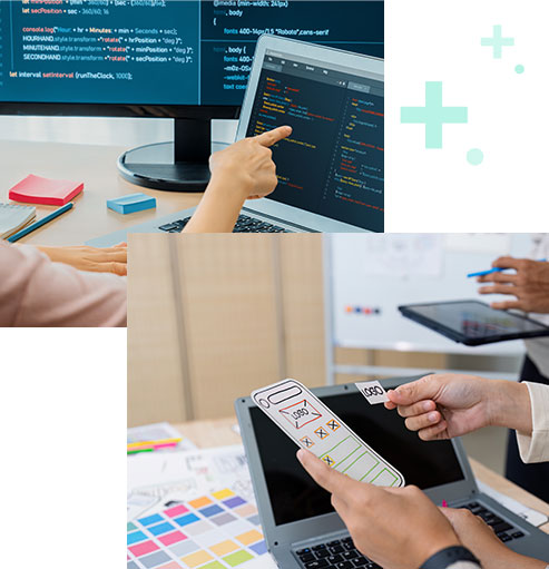 People pointing at screens and using a phone cutout mockup to build websites