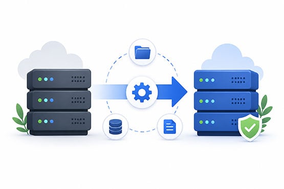 Server migration illustration showing files, database, and settings moving from one hosting environment to another with secure transfer and minimal downtime