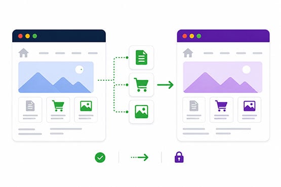 Partial website migration illustration showing selected sections moving to a new site while the rest remains unchanged