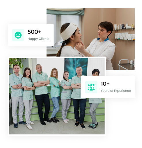 2 Photos of doctors and badges that say 500+ happy clients and 10+ years of experience