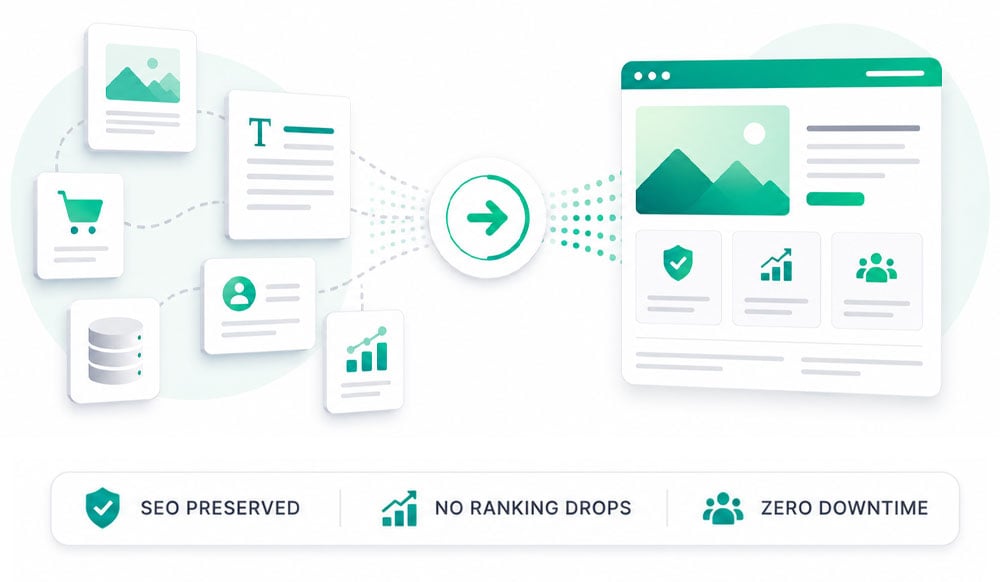Website migration illustration showing content, data, and pages moving into a new site with SEO preserved and no downtime