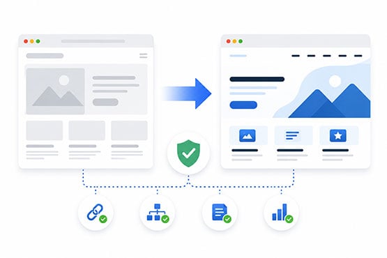 Website redesign migration illustration showing an old layout transitioning to a modern design while preserving structure, content, and SEO performance