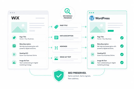 Illustration showing page titles, meta descriptions, and metadata being preserved as a site moves from Wix to WordPress