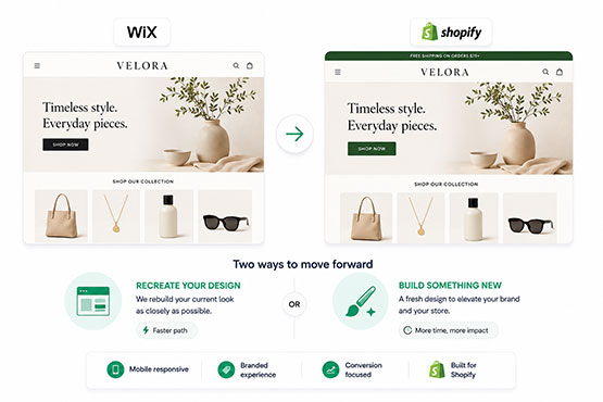 Illustration showing a Wix store design being rebuilt as a Shopify theme, with an option for a new custom design