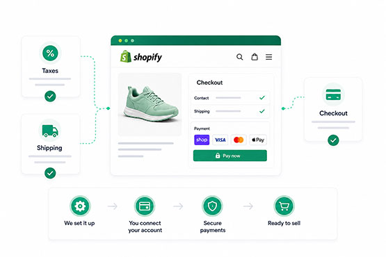 Illustration showing Shopify store configuration including taxes, shipping, and checkout setup
