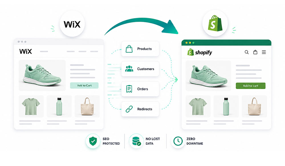 Wix to Shopify migration illustration showing products, customers, and orders moving from a Wix store into Shopify with SEO preserved
