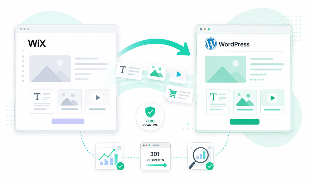 Wix to WordPress migration illustration showing content and pages moving from Wix into WordPress with SEO preserved and no downtime