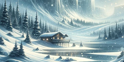snowscape with house on frozen lake