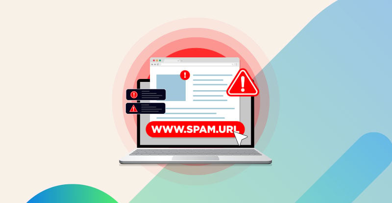Computer screen with a spammy looking url being clicked with alert symbols