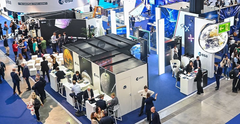 Overhead photo of booths at a tradeshow
