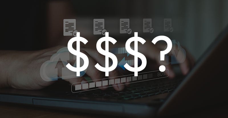 Dollar signs with a question mark over a photo of a person at a computer with icons overlapping showing files transferring
