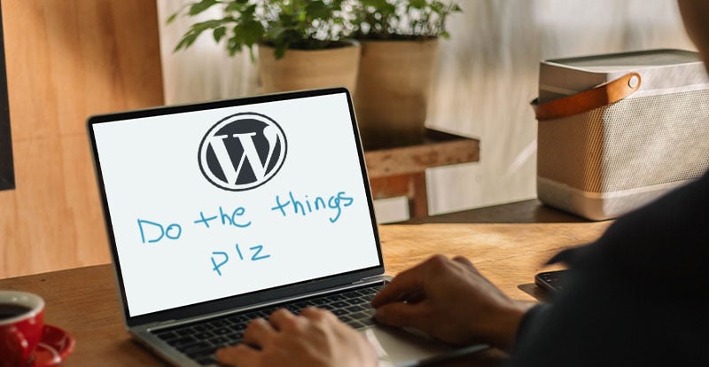 Person sitting in front of laptop with screen that shows Wordpress logo and text that says in handwritten letters Do the things plz
