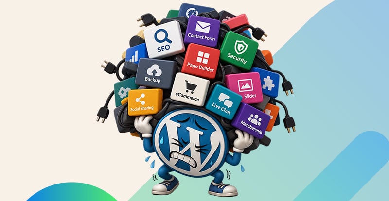 WordPress logo struggling under a heavy pile of plugins, illustrating plugin bloat and website performance issues.